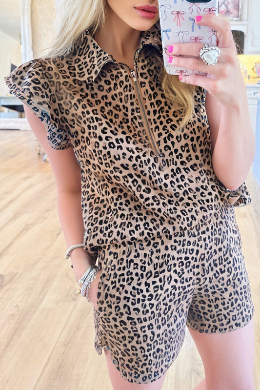 Brown Leopard Half Zipper Collared Ruffle Sleeve Top and Shorts Set