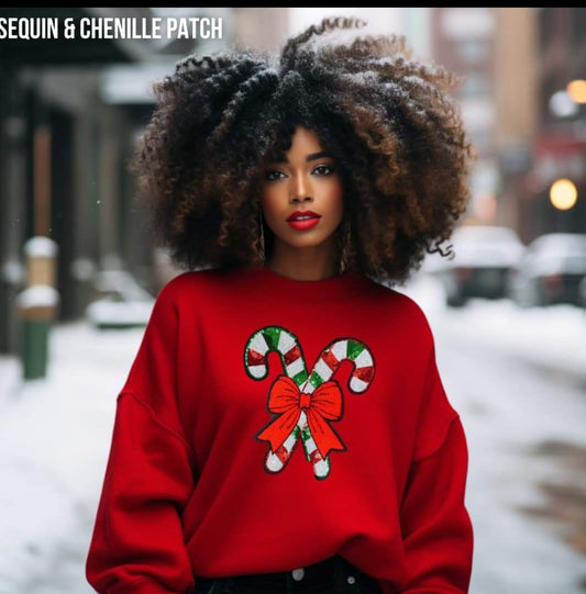 CHENILLLE SEQUIN PATCH(Candy Canes) SWEATSHIRT